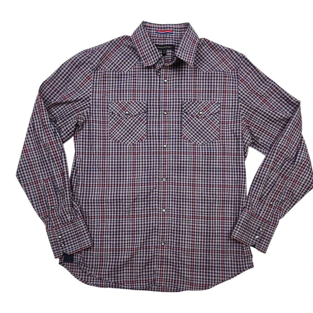 Banana Republic Western Shirt M Red Blue Plaid Pearl‎ Snap Long Sleeve Americana